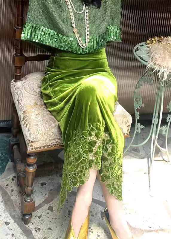 Green Hollow Out Cotton Knit Sweaters and Maxi Skirts Two Piece Set Winter Wv002