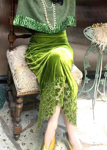 Green Hollow Out Cotton Knit Sweaters and Maxi Skirts Two Piece Set Winter Wv002