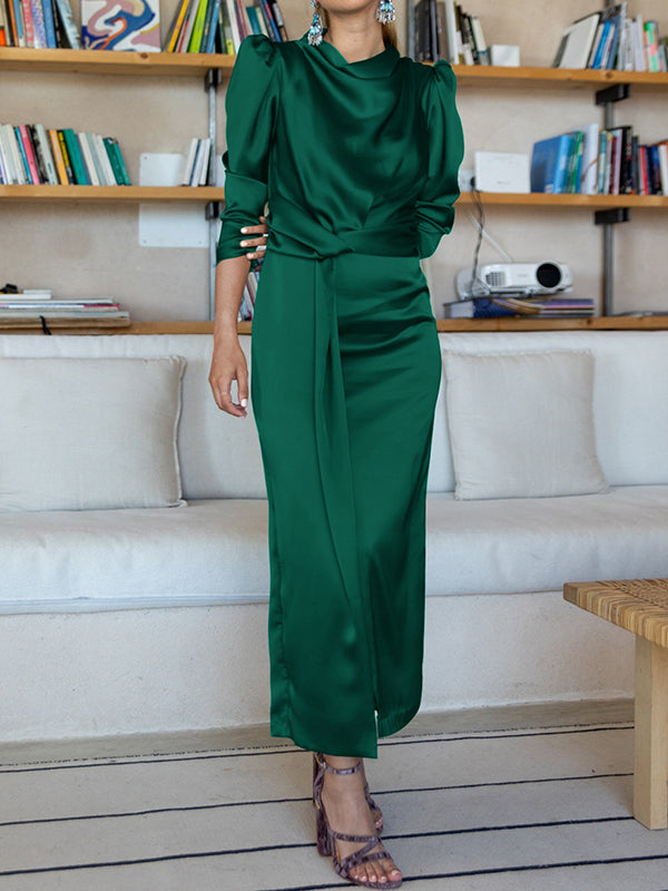 A-line High Waisted Pleated Color Split-front Mock Neck Maxi Dresses