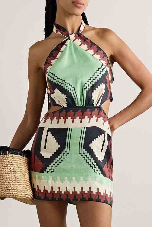 Unique Print Halter Backless Holiday Mini Dress