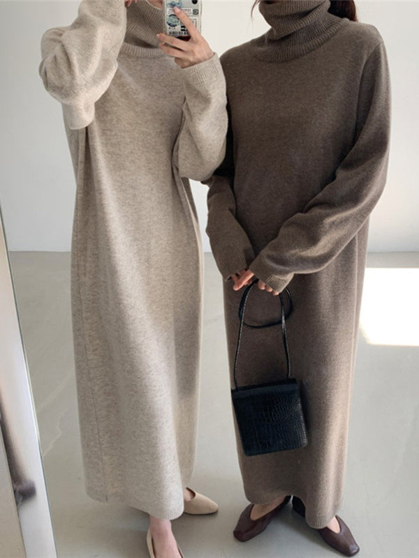 Khaki High-neck Long Sleeve Sweater Dress An1061