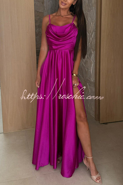 Color Suspender Back Pleated Slit Full Hem Maxi Dress
