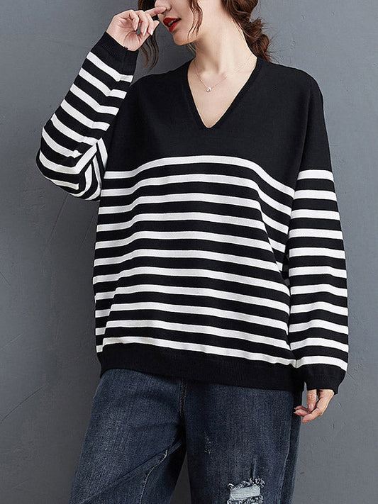 Loose Black V-neck Contrast Color Striped Long Sleeve Knit Sweater An1035