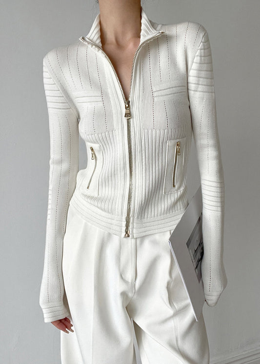 White Stand Collar Zip Up Patchwork Woolen Knit Cardigans Winter Rv036