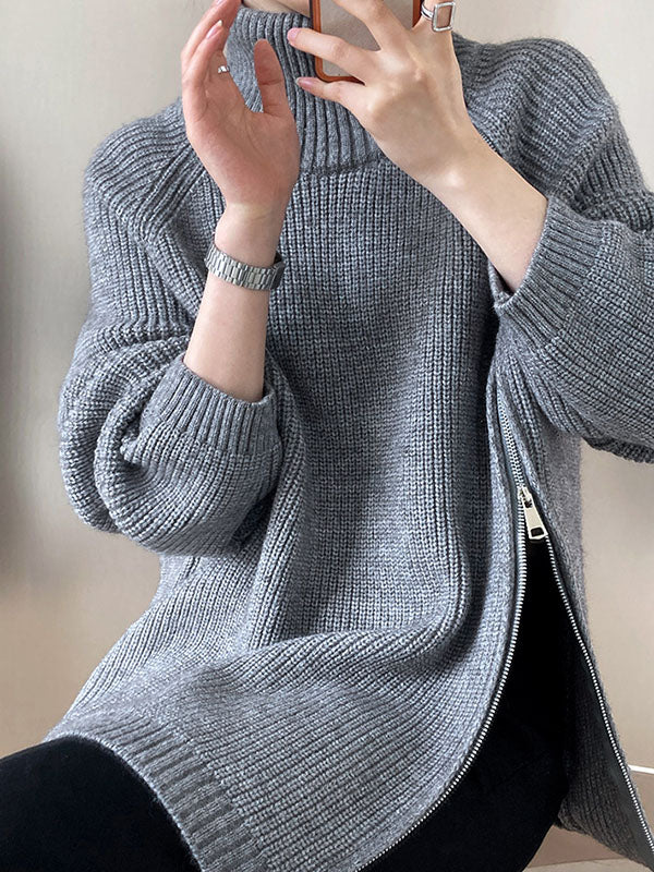 Urban Grey Halter-neck Split-side Zip-up Long Sleeve Sweater An1033