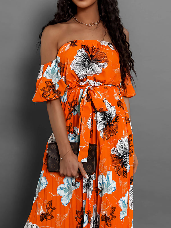 A-line Loose Elasticity Flower Print Pleated Split-joint Tied Waist Off-the-shoulder Maxi Dresses