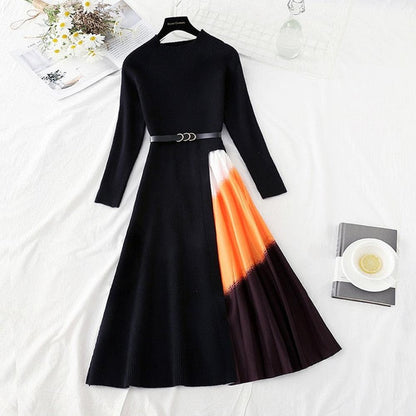 Boutique Navy V-neck Patchwork Gradient Pleated Hem Long Sleeve Sweater Dress