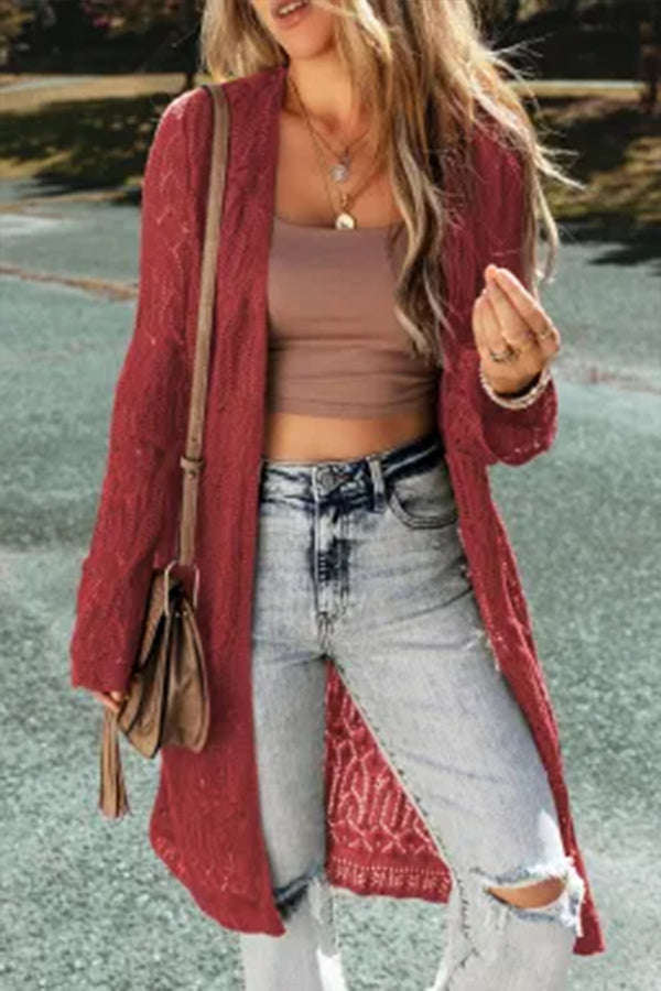 Knit Hollow Out Open Front Long Cardigan