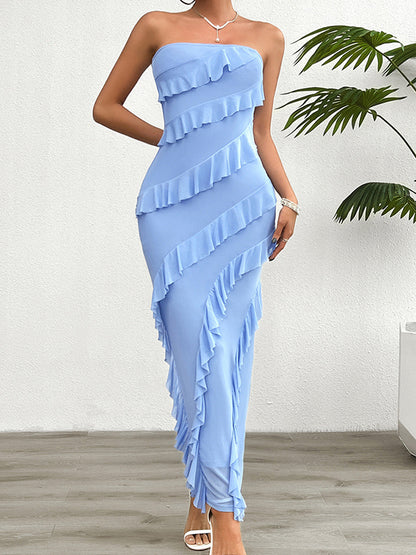 Bodycon High Waisted Ruffle Trim Color Split-back Split-joint Tube Maxi Dresses