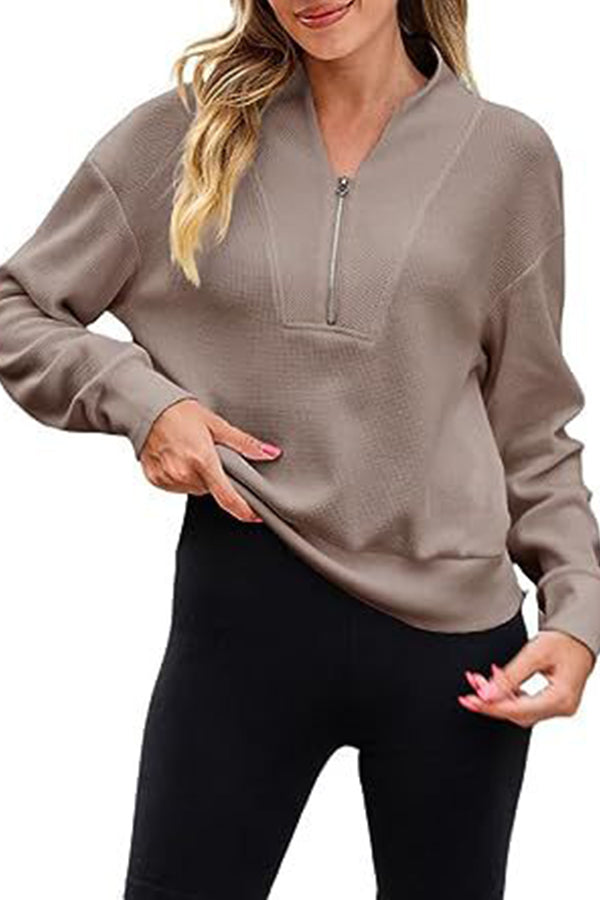 Waffle Zipper V-neck Pullover Long-sleeved Sweater