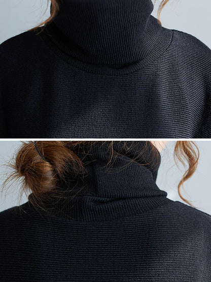 Loose Black Heaps Collar Pockets A-line Long Sleeve Sweater An1065