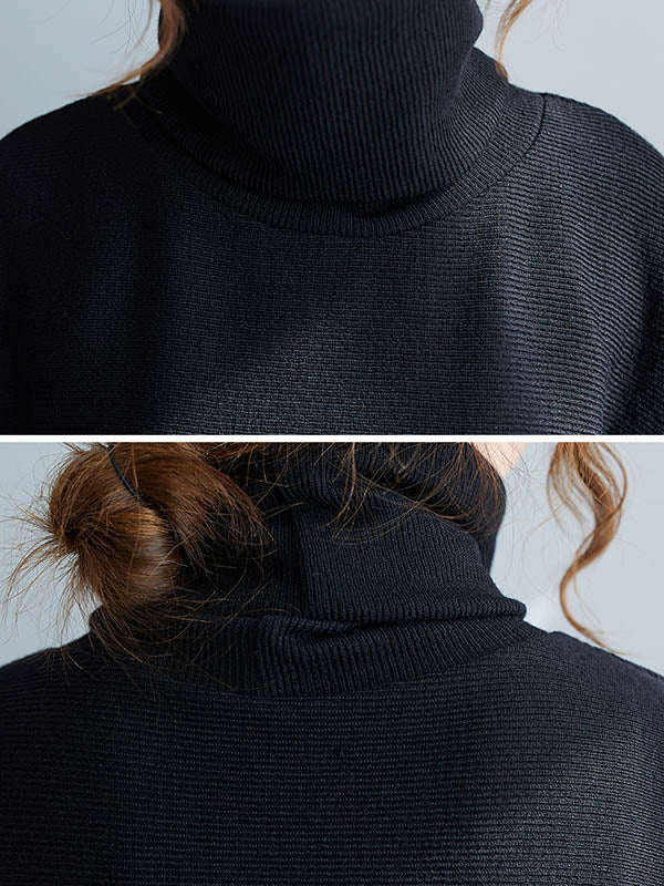 Loose Black Heaps Collar Pockets A-line Long Sleeve Sweater An1065