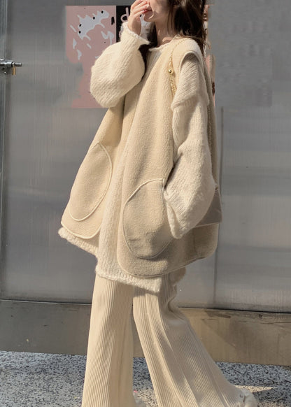 Beige O-neck Thick Cotton Knit Waistcoat Sweaters and Trousers Three Piece Set Winter Wv003