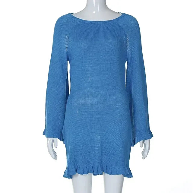 Backless Knitted Mini Dress for Lace Up Long Sleeve Short Dresses Hot Club High Waist Dress Femme