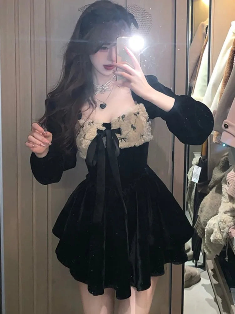 Y2k Velvet Mini Dress Lantern Sleeve Square Collar Patchwork Lace Up Layered Ruffles Autumn Spring Birthday Party Vestidos
