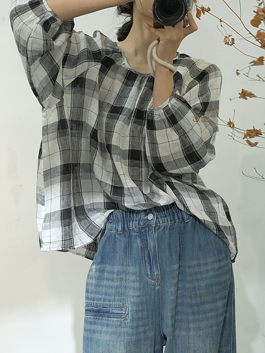 Spring Plaid Artsy Linen Loose Blouse Kl1048
