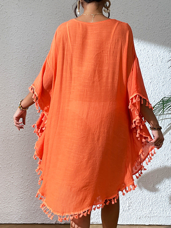 Batwing Sleeves Loose Hollow Color Sun Protection Tasseled Round-neck Cover-ups Tops Midi Dresses