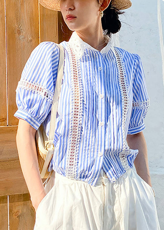 Out Blue Striped Cotton Summer Hollow Blouses