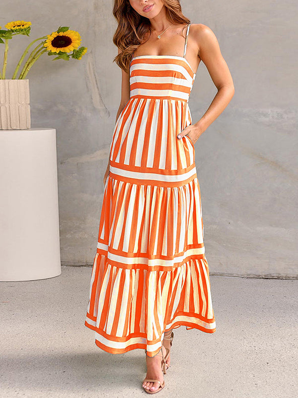 Loose Sleeveless Pleated Split-joint Striped Spaghetti-neck Maxi Dresses