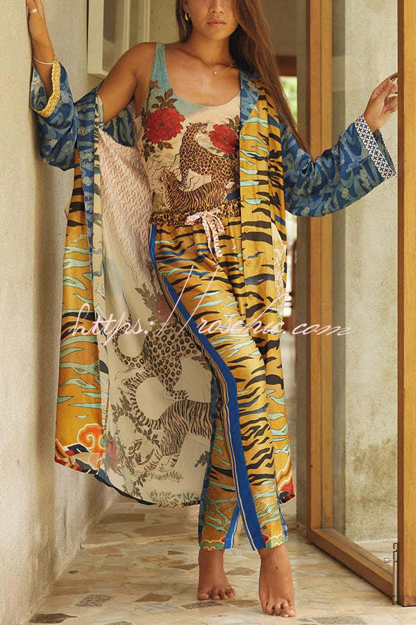 Tropical Jungle Tiger Unique Print Long Sleeve Belt Pocketed Kimono Coat
