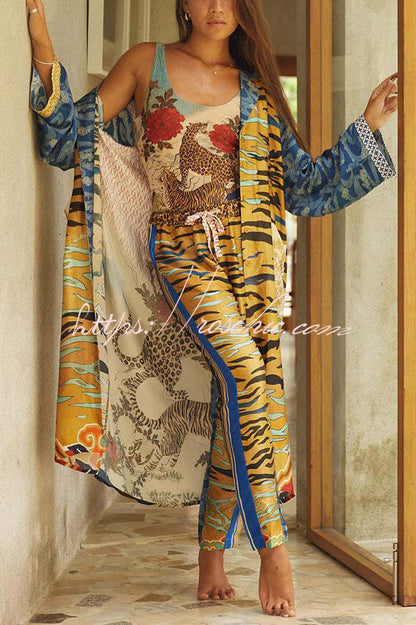 Tropical Jungle Tiger Unique Print Long Sleeve Belt Pocketed Kimono Coat