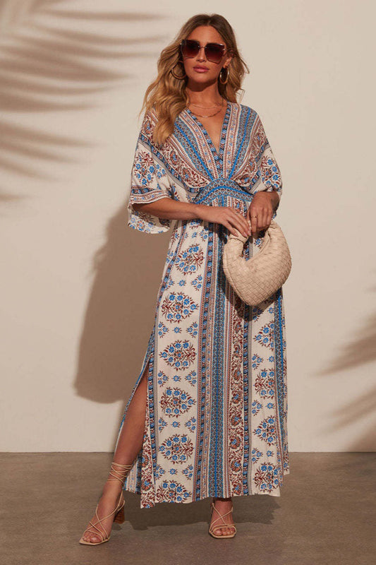 Print V-neck Short Sleeve Maxi Dress