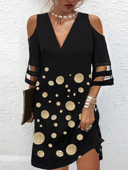 Half Sleeves Loose Hollow Mesh Polka-dot Split-joint Cold Shoulder Mini Dresses