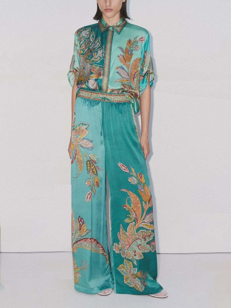 Exquisite Satin Unique Plant Flower Print Loose Wide-leg Pants
