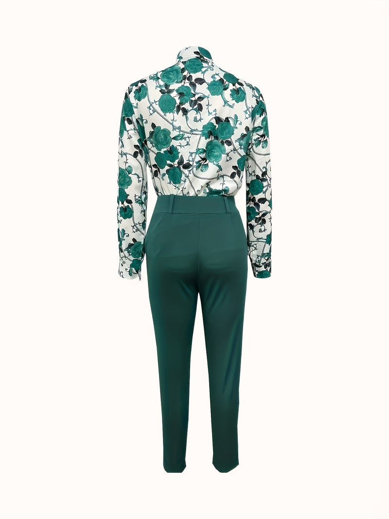 Print V Neck Long Sleeve Blouse & Belted Tapered Pants Td0870