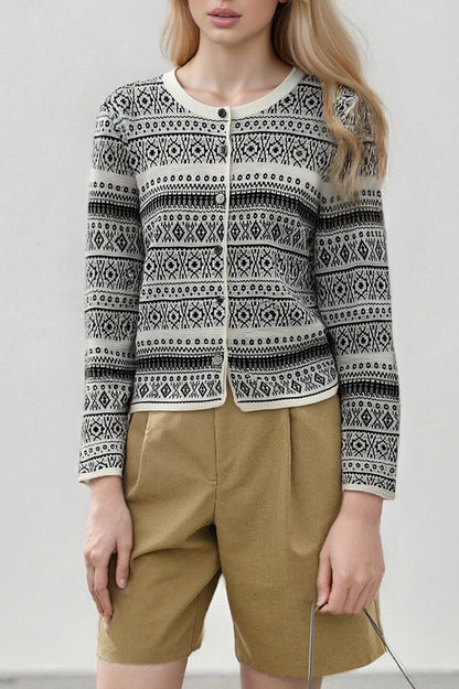 Jacquard Crew Neck Button Knit Cardigan