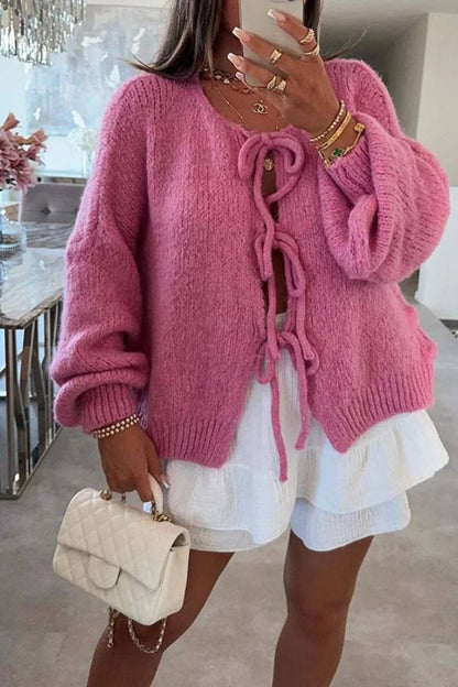 Stylish Color Crew Neck Lace-up Sweater