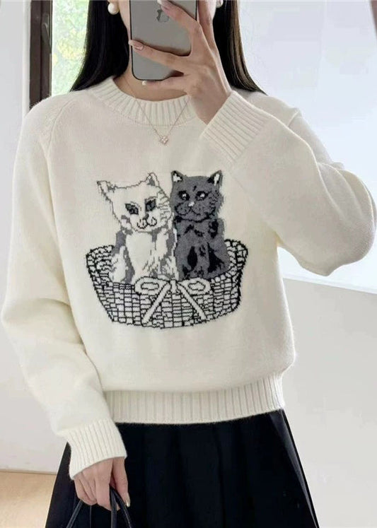 New White O Neck Animal Cozy Knit Sweaters Fall Qc028