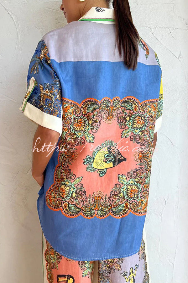 And Posh Linen Blend Mermaid Print Button Down Oversized Blouse