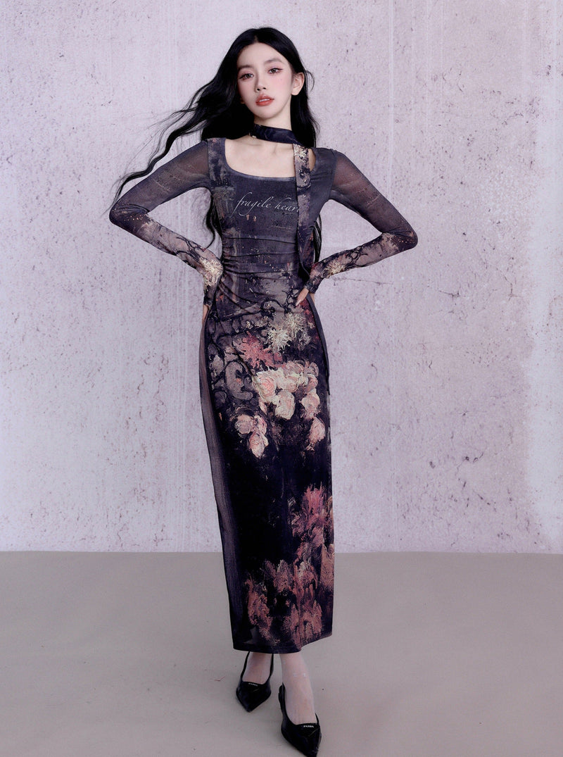 Enchanting Midnight Bloom Maxi Dress: Long-sleeve Bodycon With Print and Choker Detail