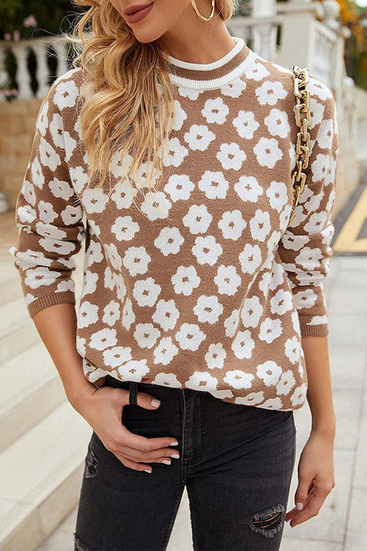 Mock Neck Print Knitted Sweater Color Block Light Weight Sweater