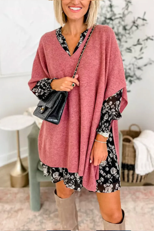 V Neck Loose Fit Poncho Sweater
