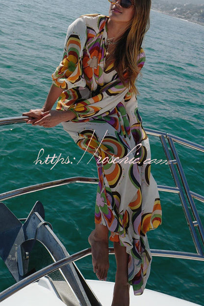 Boat Days Unique Print Balloon Sleeve Pocketed Loose Robe Maxi Dress