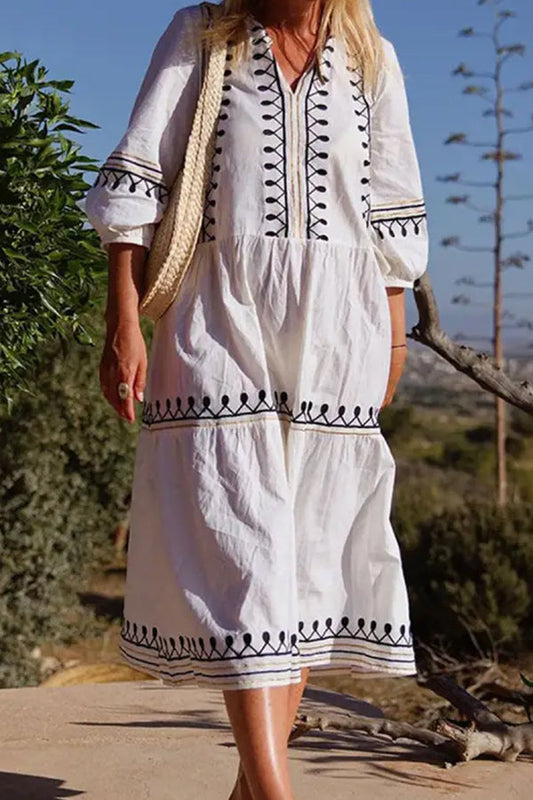 V-neck Loose Embroidered Mid-sleeve Midi Dress