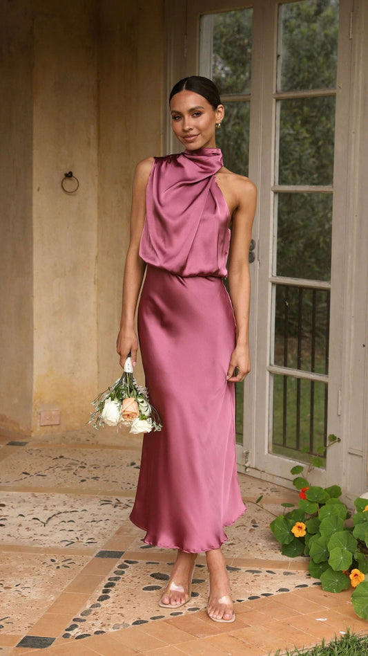 Curve Satin Ruched Halter Neck Maxi Dress in Orchid