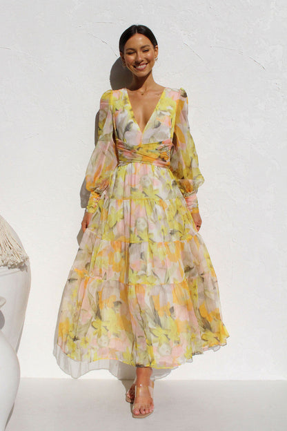 Painted Inspiration Balloon Sleeves Maxi Dress