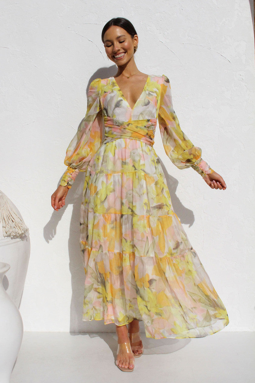 Painted Inspiration Balloon Sleeves Maxi Dress