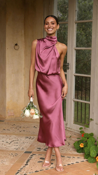 Curve Satin Ruched Halter Neck Maxi Dress in Orchid