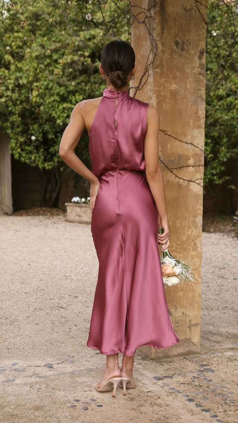 Curve Satin Ruched Halter Neck Maxi Dress in Orchid