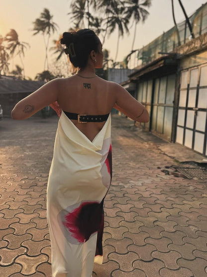 Print Backless Tube Belt Maxi Dress