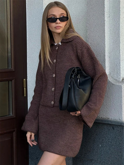 ’s Knitted Suit Lapel Flare Sleeve Cardigan Skirt Autumn Winter New Slim Female Sweater Two Piece Sets