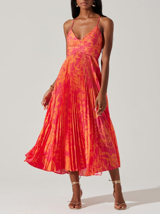 Print Pleats Midi Dress