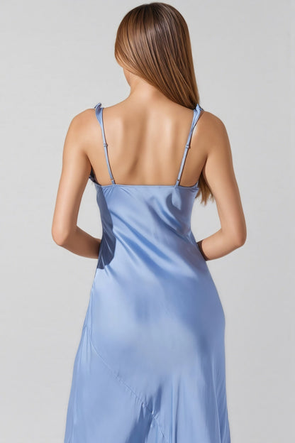 Anyat Blue Satin Ruffle Midi Dress