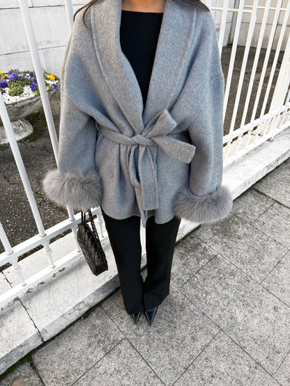 Gray Wool Coat With Fur