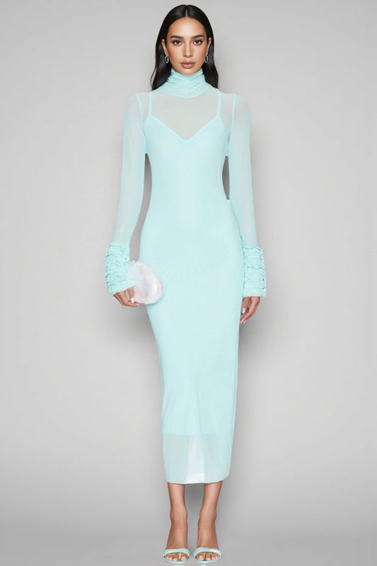 Abrife Blue Sheer Mesh Maxi Dress