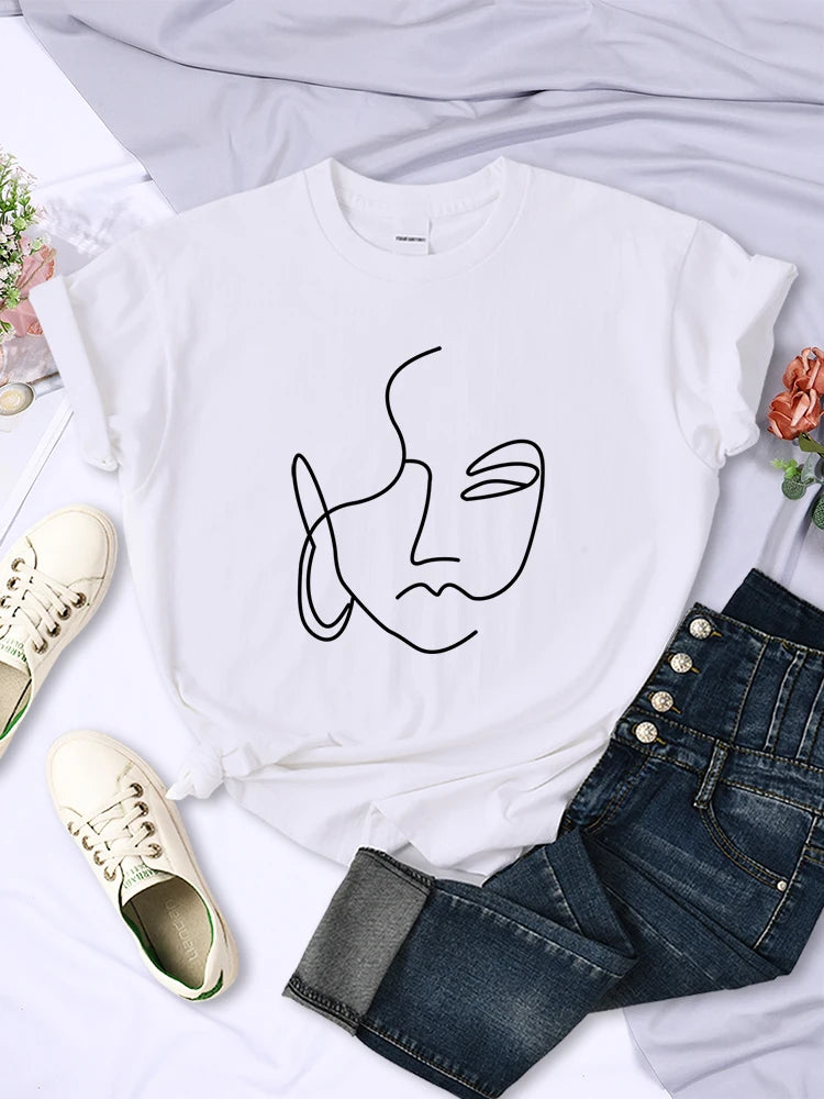 Abstract Simple Stroke Face Prints T-shirts Hip Hop Breathable Short Sleeve Soft Street Tops Female Tee Clothing